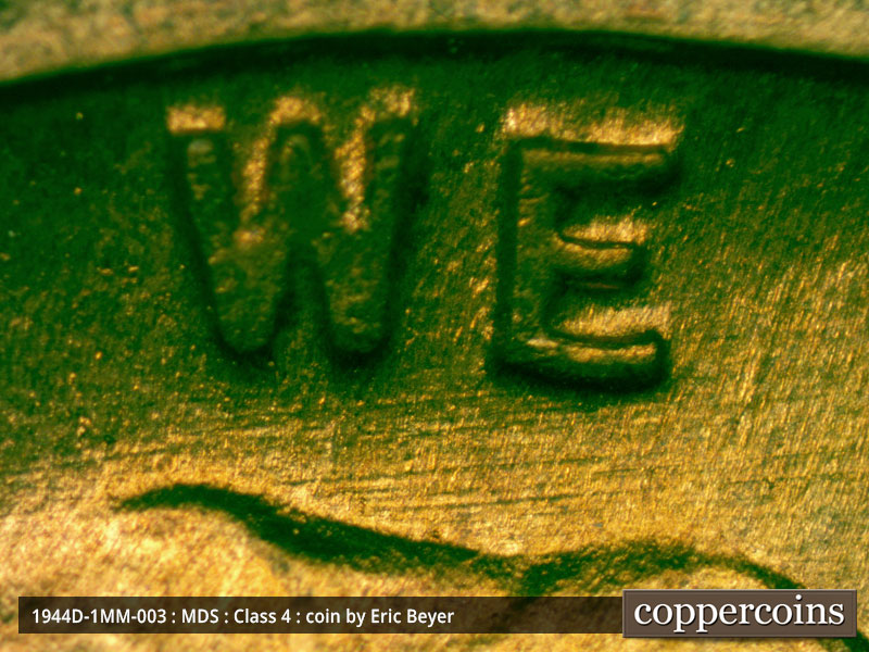 Die-stage B marker on 1944D•1MM•003 (1944 Repunched Mint Mark).