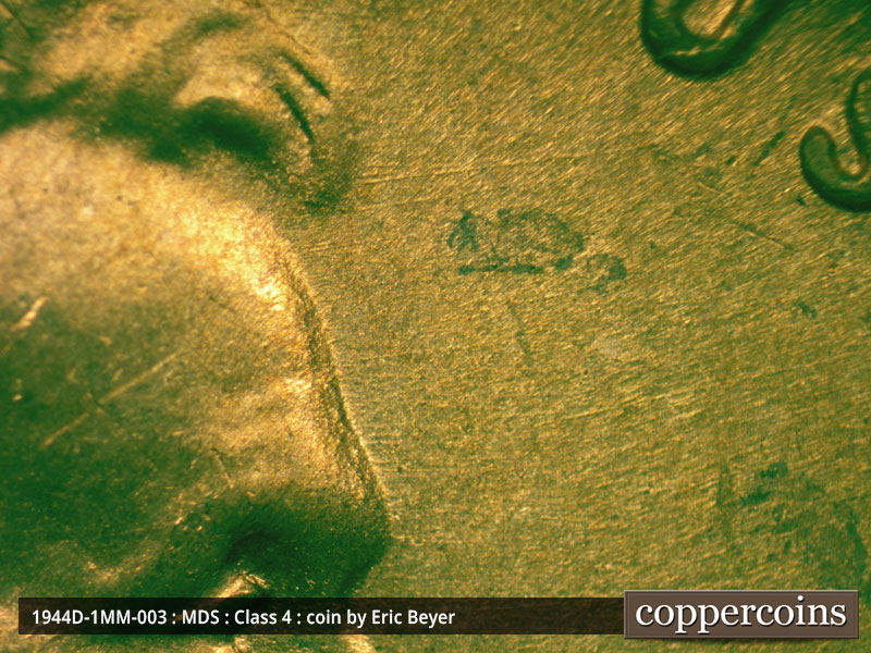 Die-stage B marker on 1944D•1MM•003 (1944 Repunched Mint Mark).