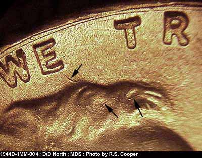 Die-stage B marker on 1944D•1MM•004 (1944 Repunched Mint Mark).