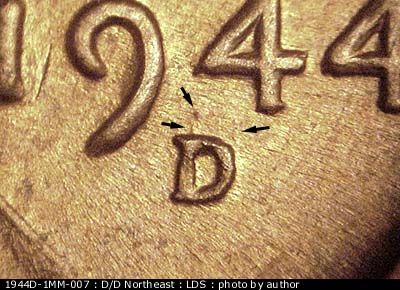 Die-stage C marker on 1944D•1MM•007 (1944 Repunched Mint Mark).