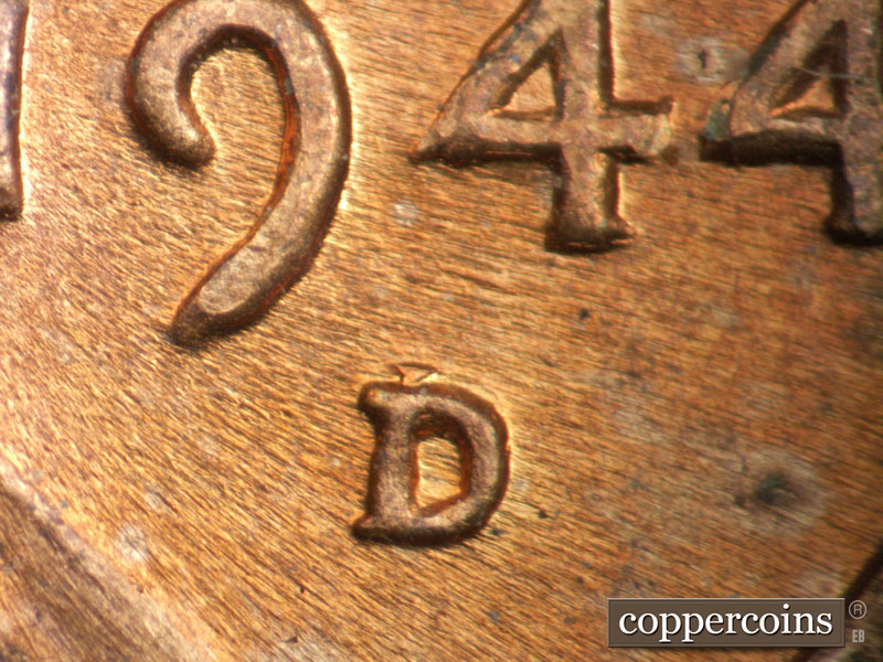 Die-stage C marker on 1944D•1MM•008 (1944 Repunched Mint Mark).