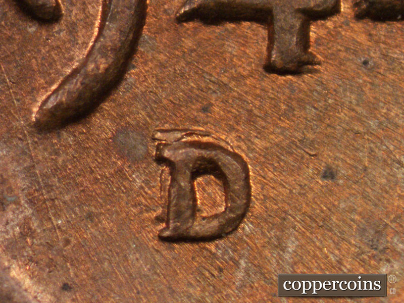 Die-stage A marker on 1944D•1MM•010 (1944 Repunched Mint Mark).
