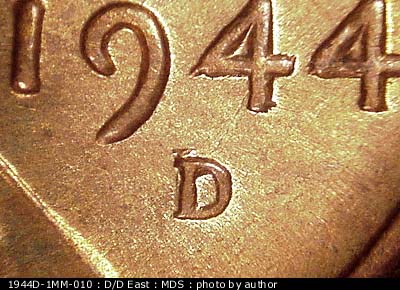1944 Lincoln cent obverse, CopperCoins die 1944D•1MM•010.