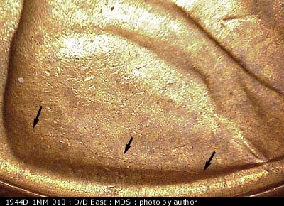 Die-stage B marker on 1944D•1MM•010 (1944 Repunched Mint Mark).