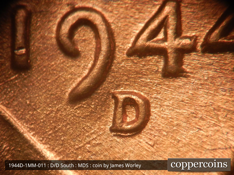 Die-stage B marker on 1944D•1MM•011 (1944 Repunched Mint Mark).