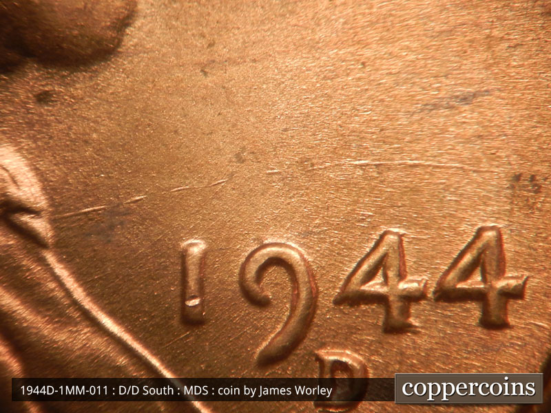 Die-stage B marker on 1944D•1MM•011 (1944 Repunched Mint Mark).