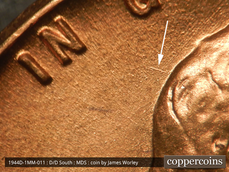 Die-stage B marker on 1944D•1MM•011 (1944 Repunched Mint Mark).