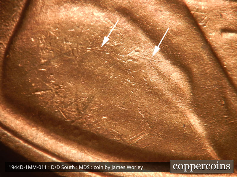 Die-stage B marker on 1944D•1MM•011 (1944 Repunched Mint Mark).