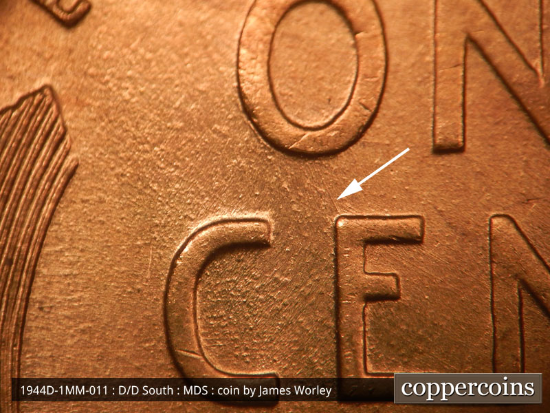 Die-stage B marker on 1944D•1MM•011 (1944 Repunched Mint Mark).