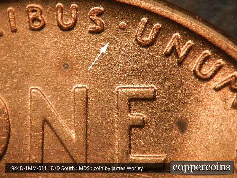 Die-stage B marker on 1944D•1MM•011 (1944 Repunched Mint Mark).