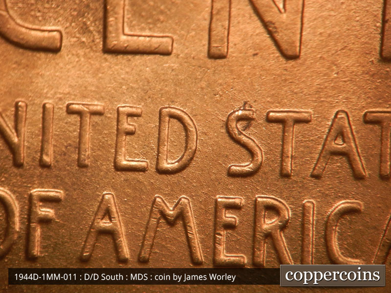 Die-stage B marker on 1944D•1MM•011 (1944 Repunched Mint Mark).