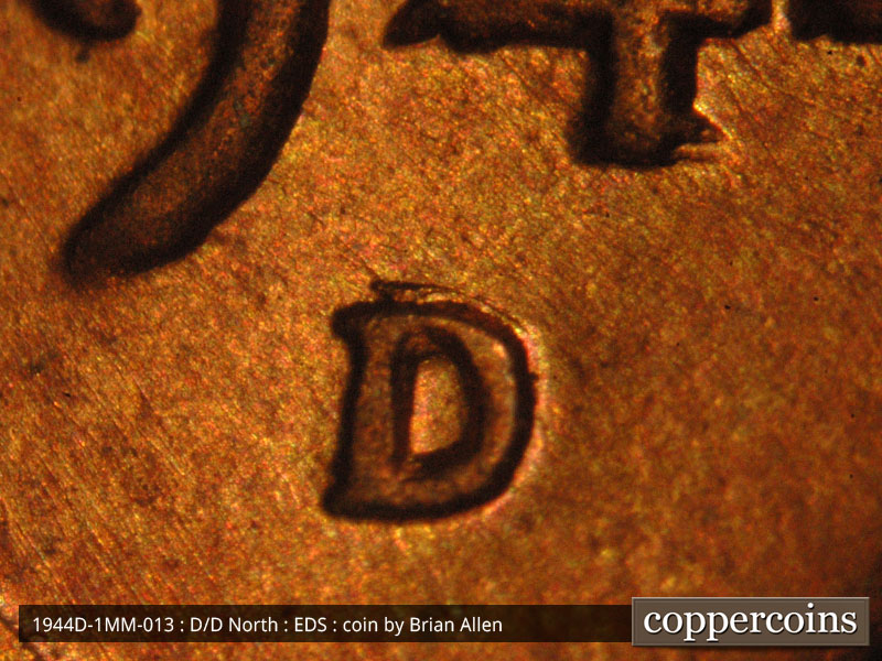 Die-stage A marker on 1944D•1MM•013 (1944 Repunched Mint Mark).