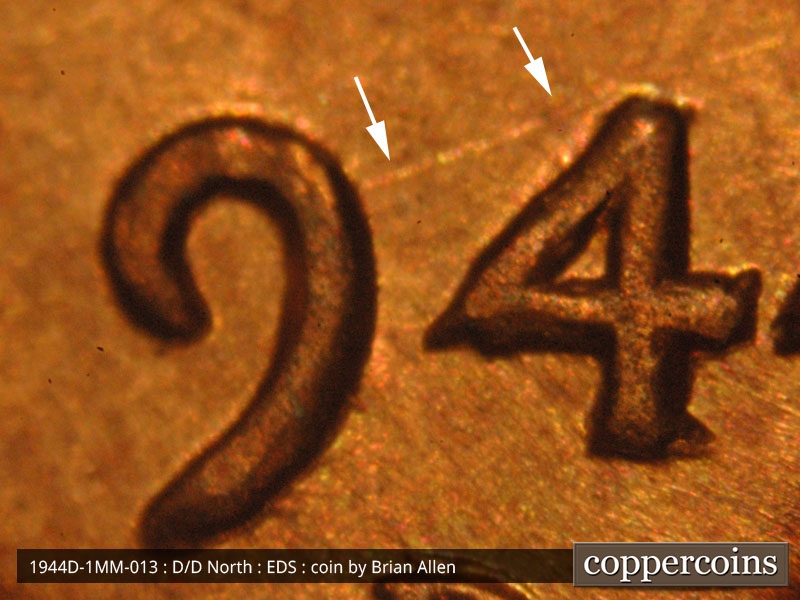 Die-stage A marker on 1944D•1MM•013 (1944 Repunched Mint Mark).