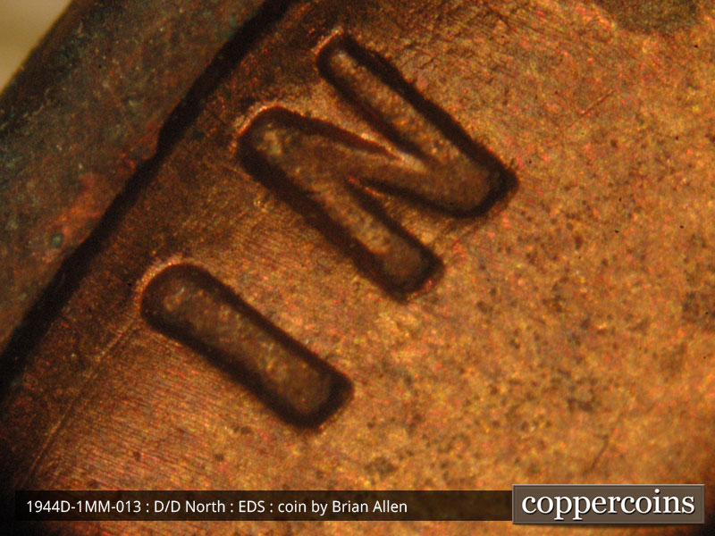 Die-stage A marker on 1944D•1MM•013 (1944 Repunched Mint Mark).