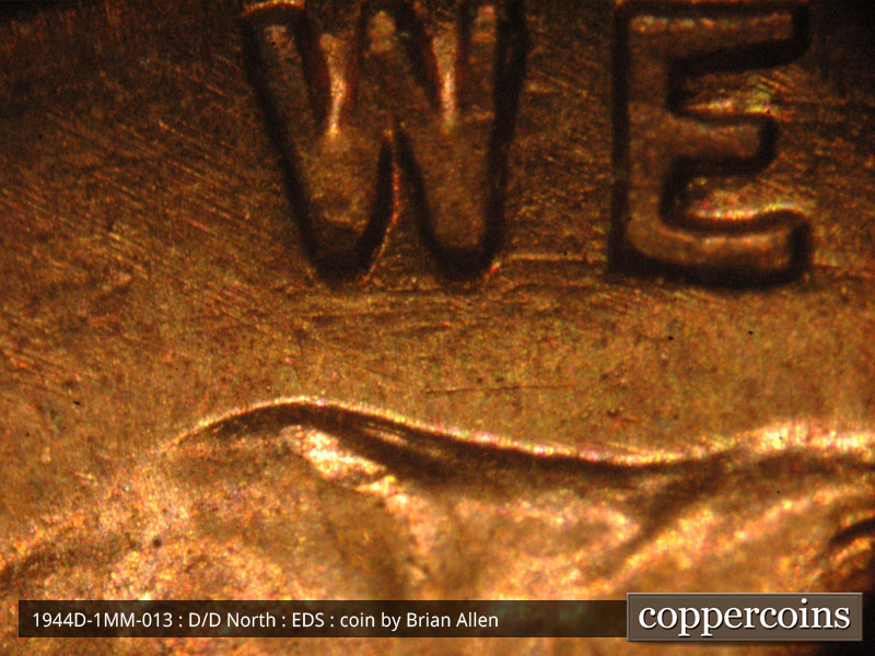 Die-stage A marker on 1944D•1MM•013 (1944 Repunched Mint Mark).