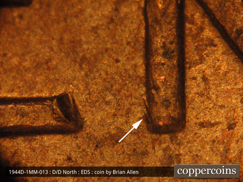 Die-stage A marker on 1944D•1MM•013 (1944 Repunched Mint Mark).