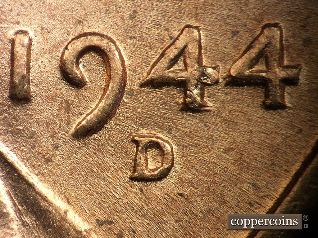 Die-stage B marker on 1944D•1MM•014 showing Closeup of repunched mintmark.