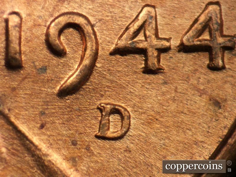1944 Lincoln cent obverse, CopperCoins die 1944D•1MM•015.