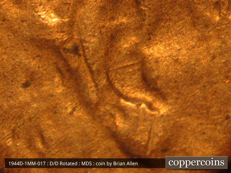 Die-stage B marker on 1944D•1MM•017 (1944 Repunched Mint Mark).