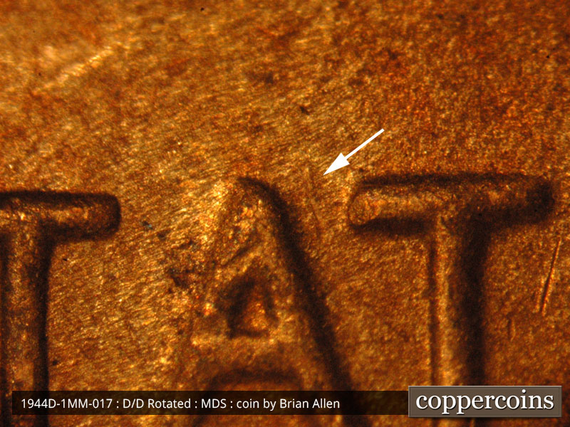 Die-stage B marker on 1944D•1MM•017 (1944 Repunched Mint Mark).