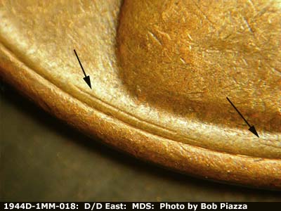 Die-stage B marker on 1944D•1MM•018 (1944 Repunched Mint Mark).