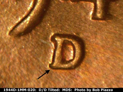 Die-stage B marker on 1944D•1MM•020 (1944 Repunched Mint Mark).