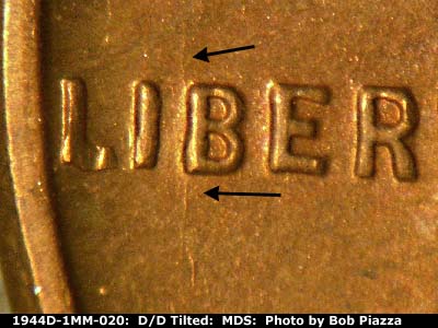 Die-stage B marker on 1944D•1MM•020 (1944 Repunched Mint Mark).