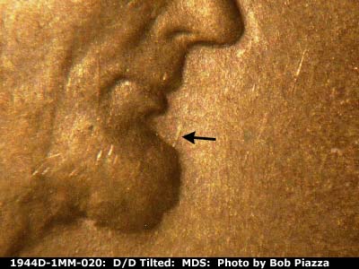 Die-stage B marker on 1944D•1MM•020 (1944 Repunched Mint Mark).
