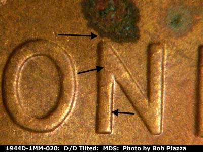 Die-stage B marker on 1944D•1MM•020 (1944 Repunched Mint Mark).