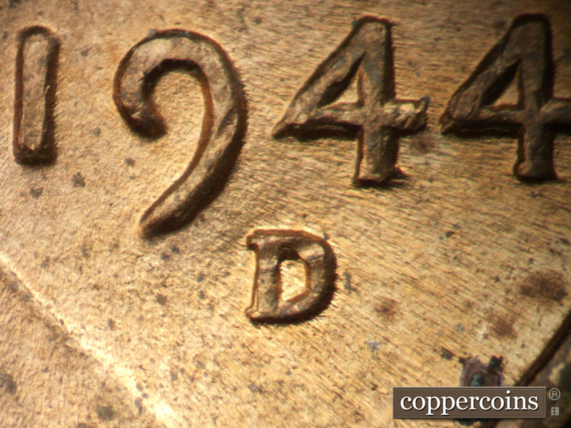 1944 Lincoln cent obverse, CopperCoins die 1944D•1MM•023.