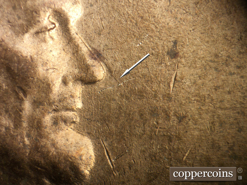 Die-stage B marker on 1944D•1MM•023 (1944 Repunched Mint Mark).