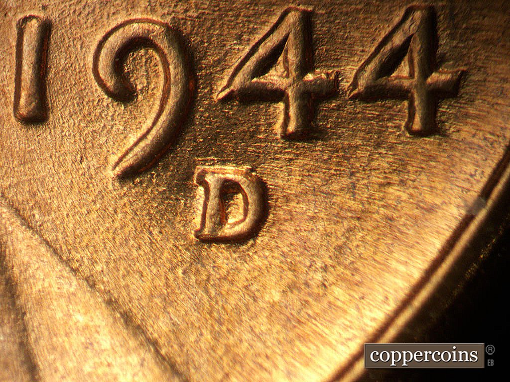 Die-stage B marker on 1944D•1MM•024 showing Close up of split lower serif repunched mintmark.