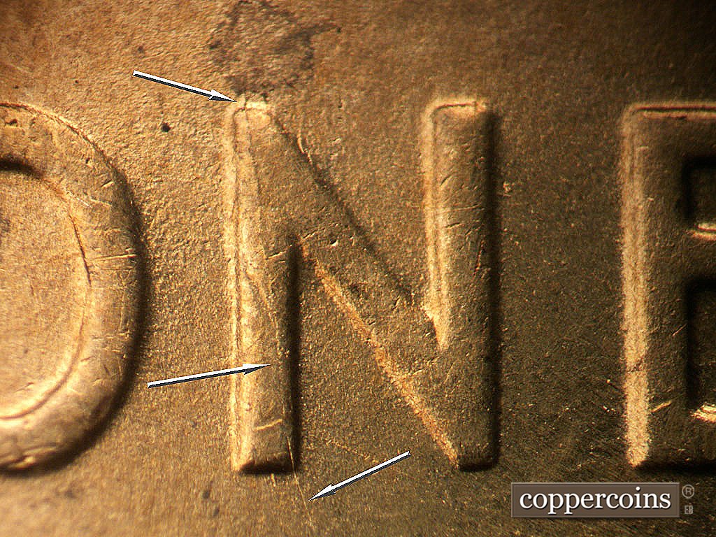 Die-stage B marker on 1944D•1MM•024 showing Die crack through N in ONE.