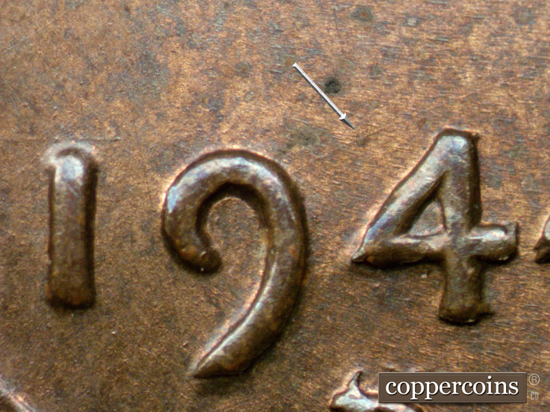 Die-stage B marker on 1944D•1OM•001 (1944 Over Mint Mark).