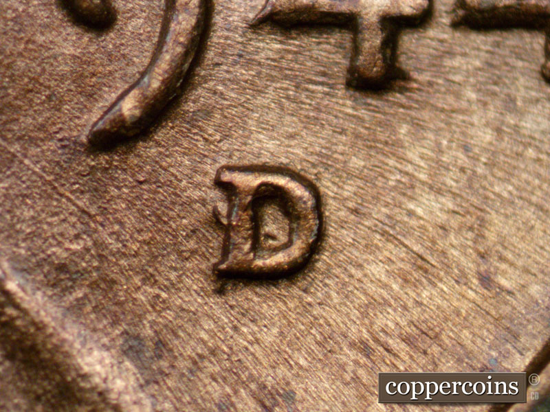 Die-stage A marker on 1944D•1OM•002 showing Closeup of over mint mark.