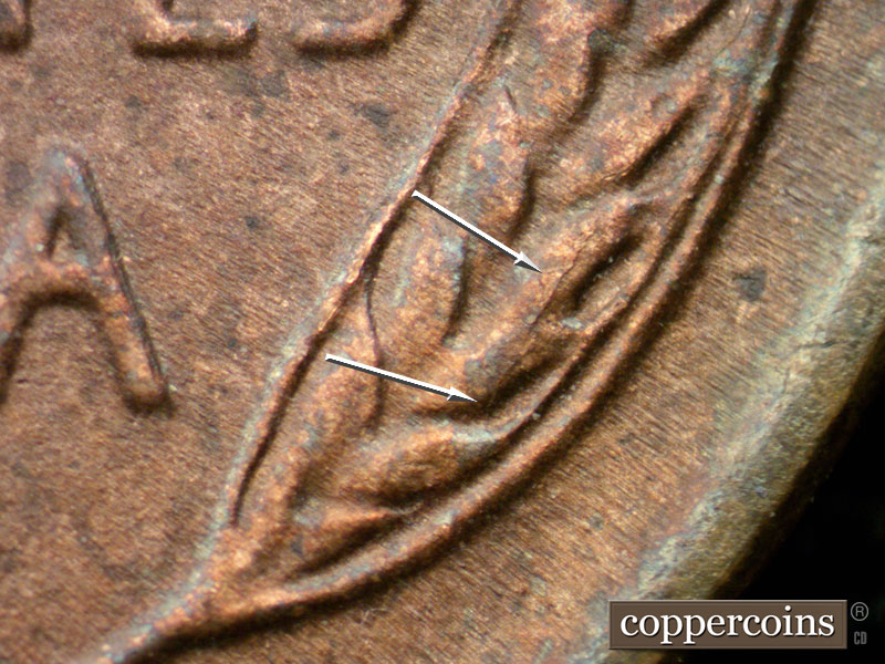 Die-stage A marker on 1944D•1OM•002 showing Die crack on lower right wheat stalk.