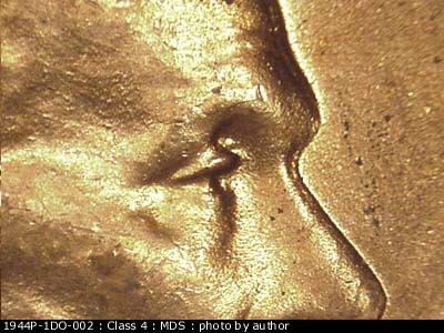 Die-stage B marker on 1944P•1DO•002 (1944 Doubled Die Obverse).