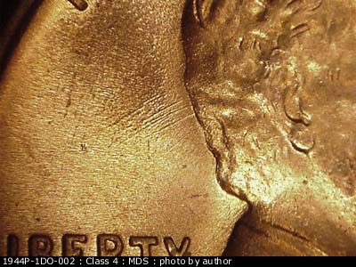 Die-stage B marker on 1944P•1DO•002 (1944 Doubled Die Obverse).