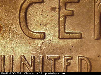 Die-stage B marker on 1944P•1DO•002 (1944 Doubled Die Obverse).