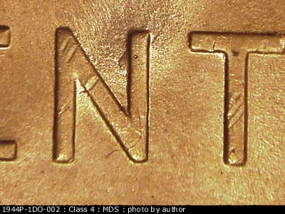 Die-stage B marker on 1944P•1DO•002 (1944 Doubled Die Obverse).