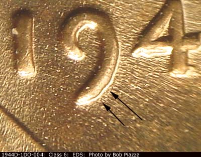 Die-stage A marker on 1944P•1DO•004 (1944 Doubled Die Obverse).