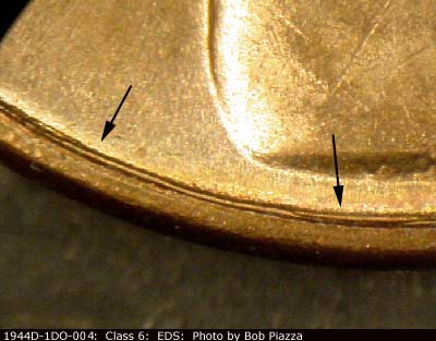 Die-stage A marker on 1944P•1DO•004 (1944 Doubled Die Obverse).