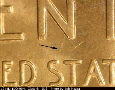 Die-stage A marker on 1944P•1DO•004 (1944 Doubled Die Obverse).