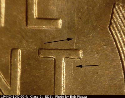 Die-stage A marker on 1944P•1DO•004 (1944 Doubled Die Obverse).