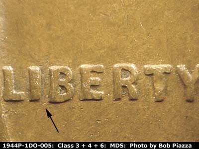 Die-stage B marker on 1944P•1DO•005 (1944 Doubled Die Obverse).