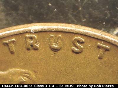 Die-stage B marker on 1944P•1DO•005 (1944 Doubled Die Obverse).