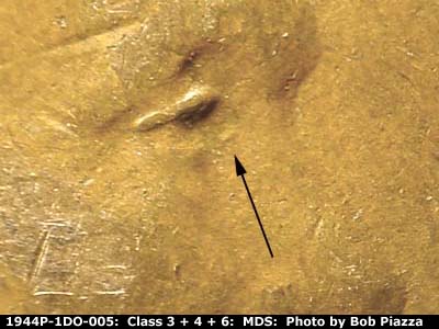 Die-stage B marker on 1944P•1DO•005 (1944 Doubled Die Obverse).