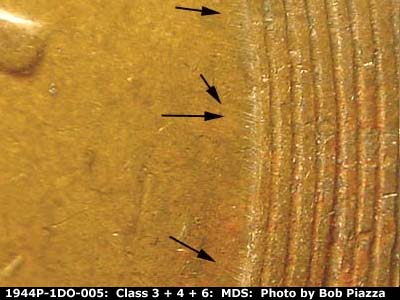 Die-stage B marker on 1944P•1DO•005 (1944 Doubled Die Obverse).