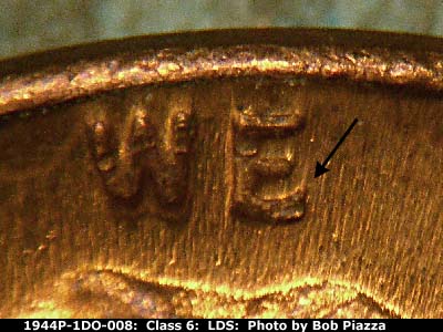 Die-stage C marker on 1944P•1DO•008 (1944 Doubled Die Obverse).