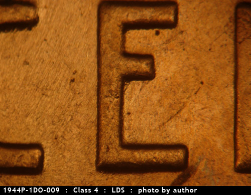 Die-stage C marker on 1944P•1DO•009 (1944 Doubled Die Obverse).